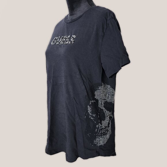 GUESS Black Skull Shirt with Rhinestone Studded Details Top Blouse - Picture 1 of 8